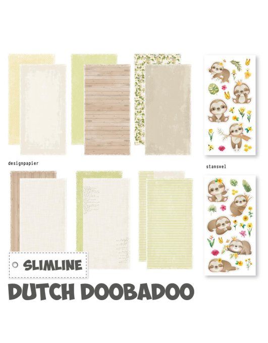 Dutch Doobadoo, format slimline, bébé paresseux, 10 papiers de fond et  2 feuilles de die-cuts