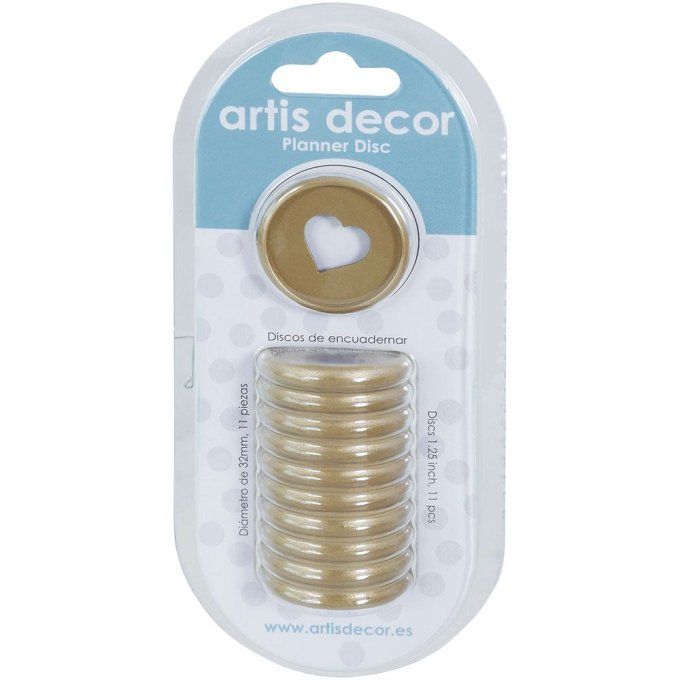 Lot de 11 Disques pour relier - couleur : or - diamètre 32mm - (évidé en forme de cœur)