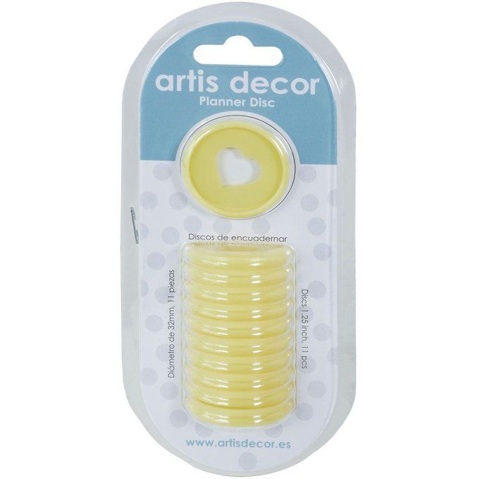 Lot de 11 Disques pour relier - couleur : jaune pastel - diamètre 32mm - (évidé en forme de cœur)