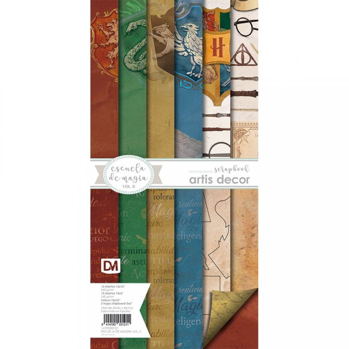 Ensemble de 6 feuilles motif recto verso + 1 vellum, 30x30cm, et 6 cartes : Escuela de Magia vol2
