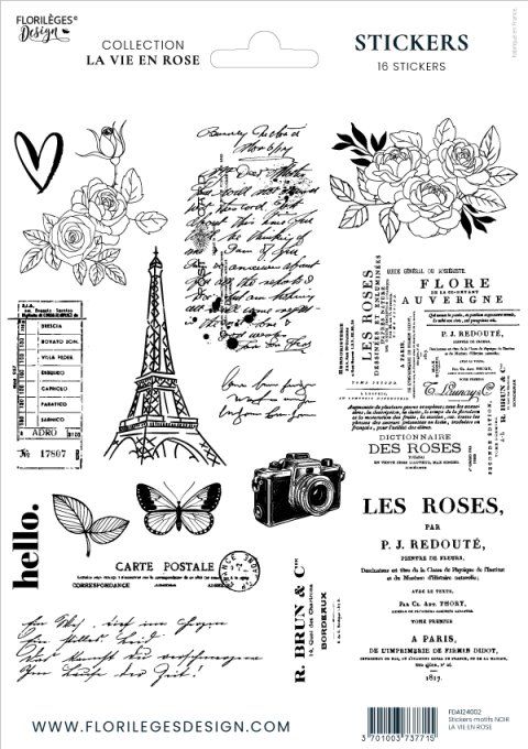 Florilèges Design, Collection la vie en rose, planche de stickers transpa, dim. 14.5x16.5cm environ 
