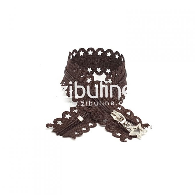 Fermeture éclair dentelée et évidée en forme d'étoile - couleur marron foncé - longueur 25cm