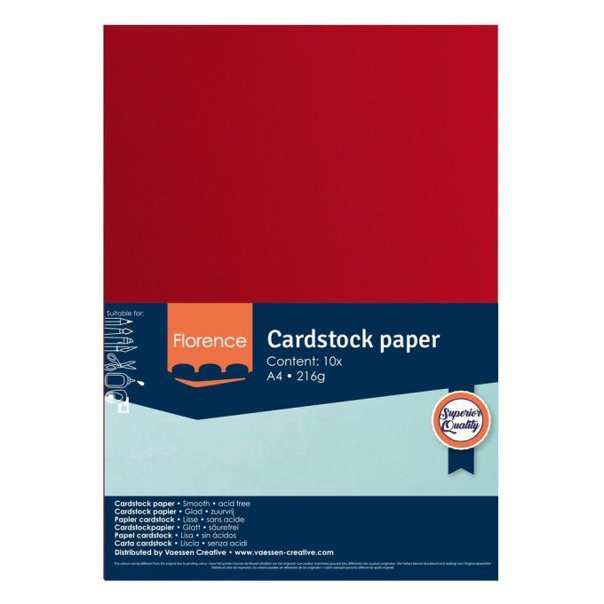 Cardstock Couleur : Poppy, 216g, lot de 10 feuilles - Format A4 (lisse)