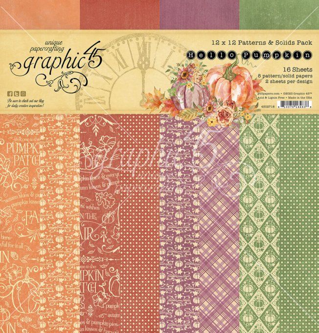 Ensemble de 16 feuilles, format 30x30cm, Collection Hello pumpkin/Patterns - Graphic 45