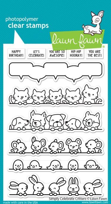 11 Tampons - Lawn Fawn, Simply celebrate critters, dim. de la planche : 10x14.5cm environ