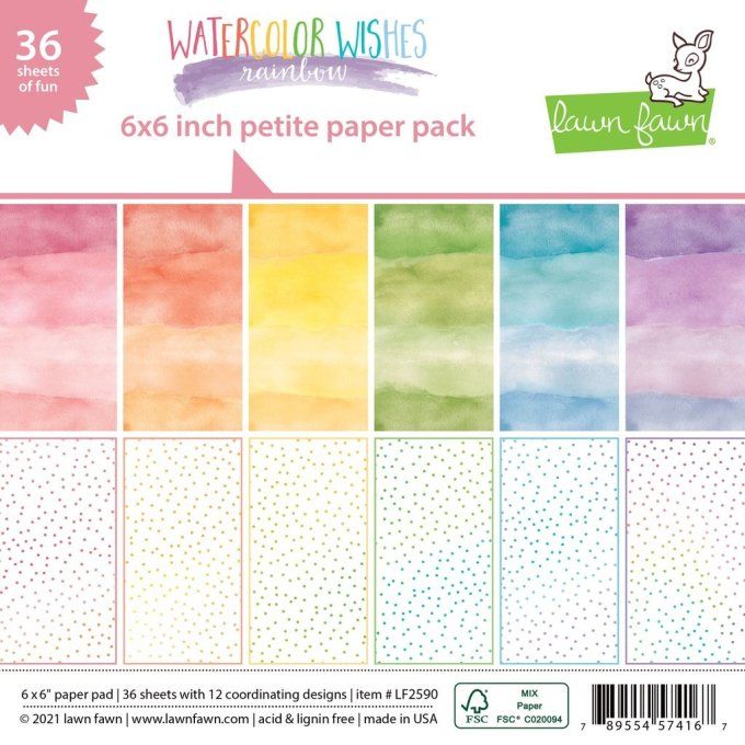 Bloc de 36 feuilles Lawn Fawn, 15x15cm - motif recto -Watercolor wishes rainbow