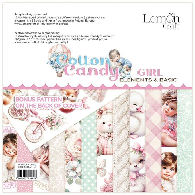 LemonCraft - Bloc de 18 feuilles, 20x20cm - Cotton candy, Girl - 250g 