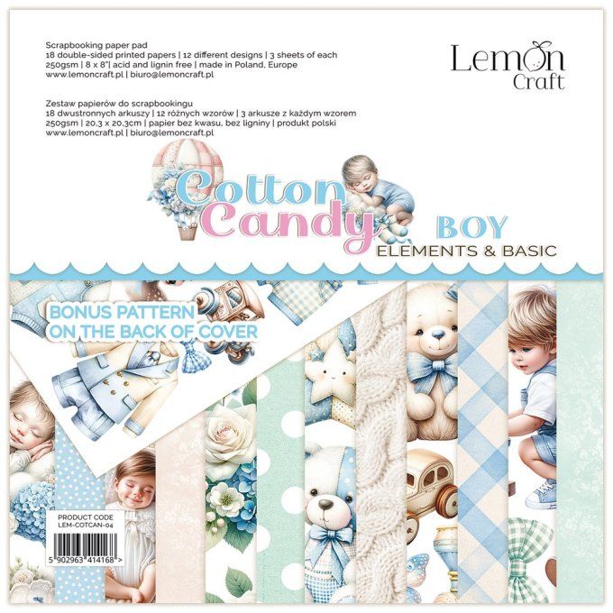 LemonCraft - Bloc de 18 feuilles, 20x20cm - Cotton candy, Boy - 250g 