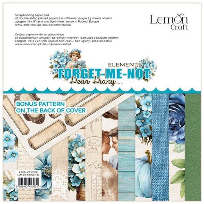 LemonCraft - Bloc de 18 feuilles, 20x20cm - Forget me not, dear diary - 250g (éléments)