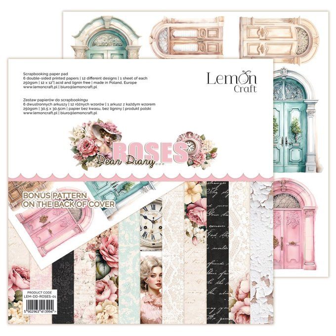 LemonCraft - Bloc de 6 feuilles, 30x30cm - Roses dear diary - 250g 