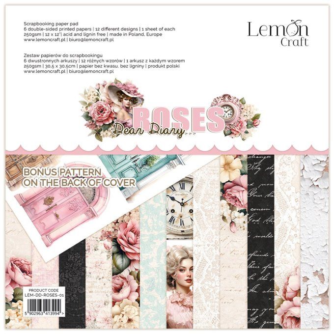 LemonCraft - Bloc de 6 feuilles, 30x30cm - Roses dear diary - 250g 