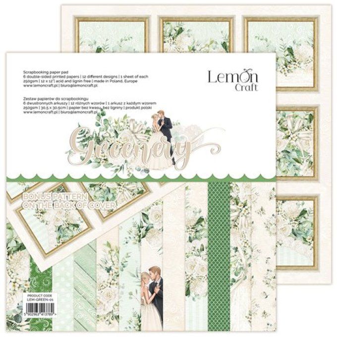 LemonCraft - Bloc de 6 feuilles, 30x30cm - Greenery - Motif recto verso  - 250g