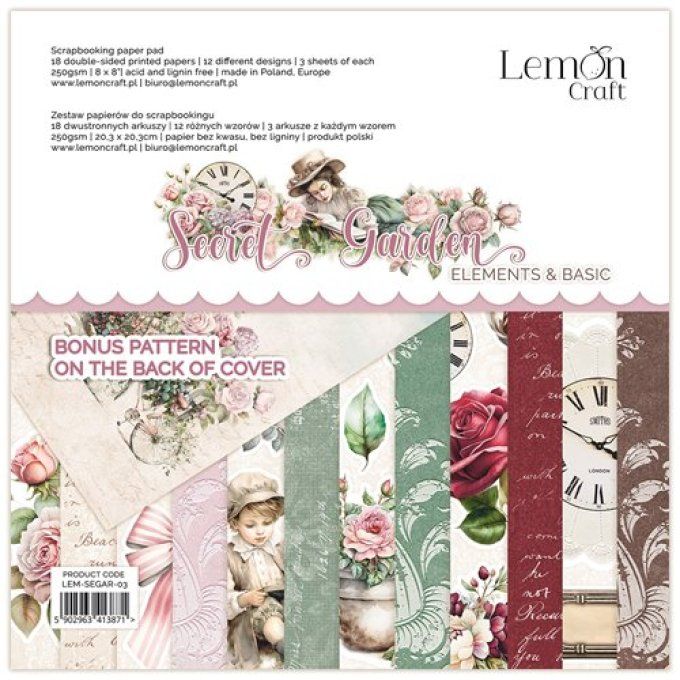 LemonCraft - Bloc de 18 feuilles, 20x20cm - Secret garden - 250g - Eléments à découper + patterns