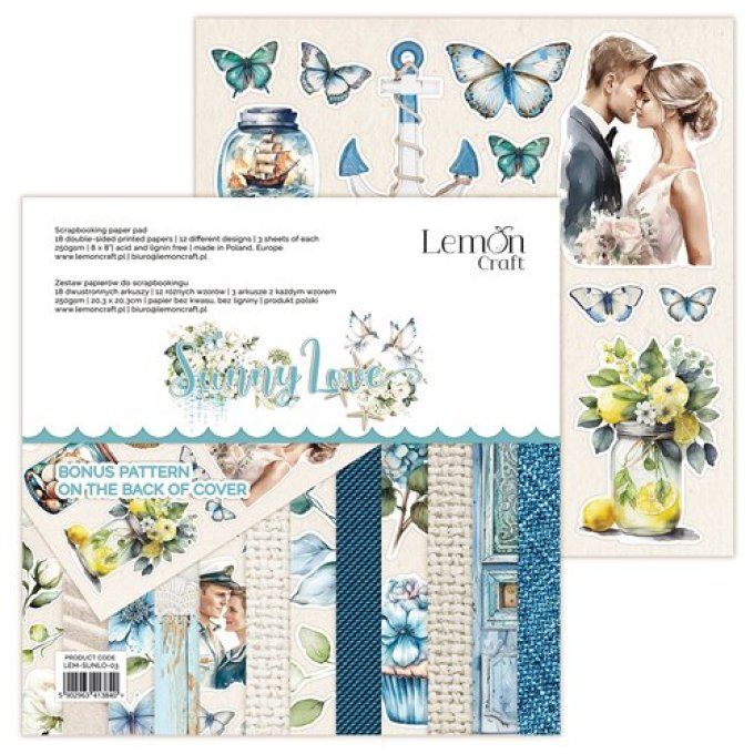 LemonCraft - Bloc de 18 feuilles, 20x20cm - Sunny love - 250g - Eléments à découper + patterns
