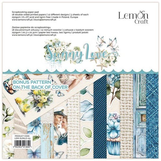 LemonCraft - Bloc de 18 feuilles, 20x20cm - Sunny love - 250g - Eléments à découper + patterns