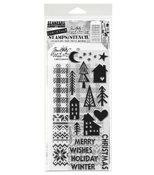Stampers anonymous -  Tim Holtz - un pochoir + tampons - Festive print