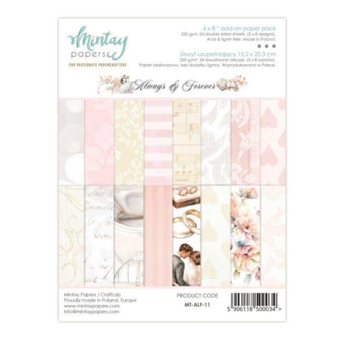Ensemble de 24 feuilles, format : 15x20cm, Collection Always & Forever, motif recto verso, 250g