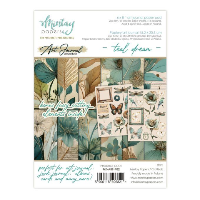 Ensemble de 24 feuilles, format : 15x20cm, Art journal, Teal dream, motif recto verso, 240g