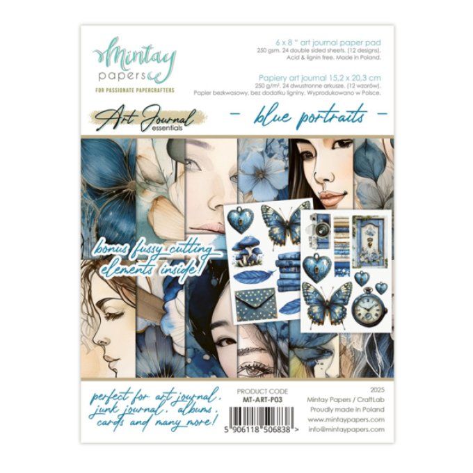 Ensemble de 24 feuilles, format : 15x20cm, Art journal, blue portraits, motif recto verso, 240g