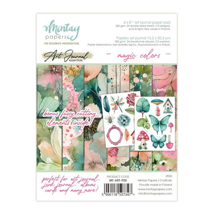 Ensemble de 24 feuilles, format : 15x20cm, Art journal, Magic colors, motif recto verso, 240g 