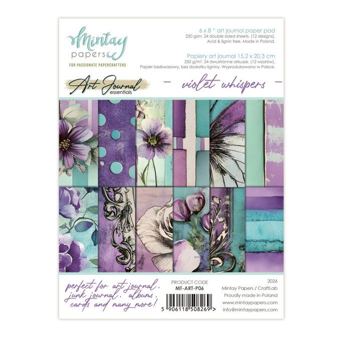 Ensemble de 24 feuilles, format : 15x20cm, Art journal, Violet whispers, motif recto verso, 240g