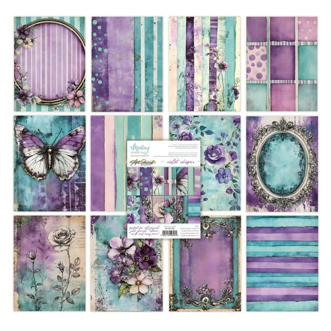 Ensemble de 24 feuilles, format : 15x20cm, Art journal, Violet whispers, motif recto verso, 240g