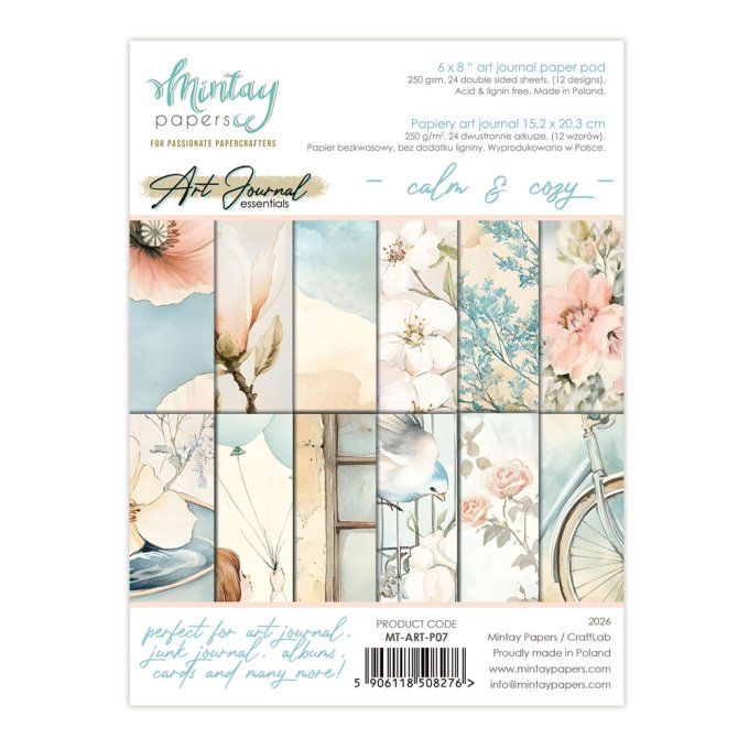 Ensemble de 24 feuilles, format : 15x20cm, Art journal, Calm & Cozy, motif recto verso, 240g