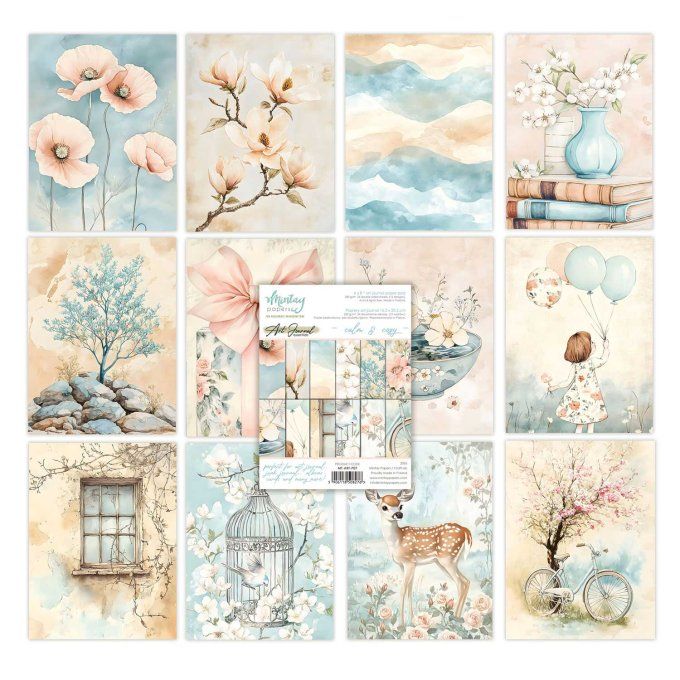 Ensemble de 24 feuilles, format : 15x20cm, Art journal, Calm & Cozy, motif recto verso, 240g