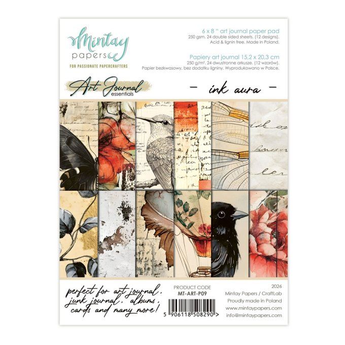 Ensemble de 24 feuilles, format : 15x20cm, Art journal, Ink aura, motif recto verso, 240g