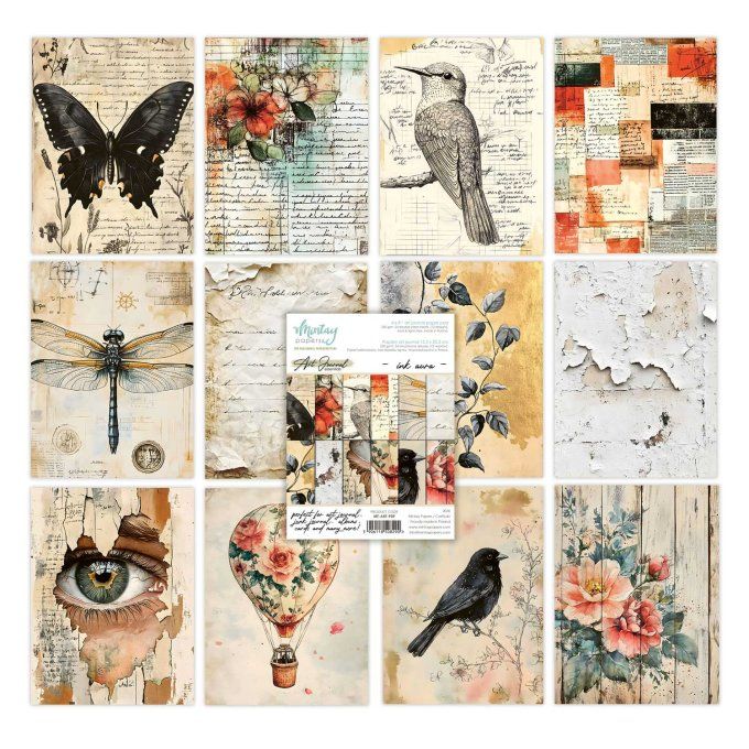 Ensemble de 24 feuilles, format : 15x20cm, Art journal, Ink aura, motif recto verso, 240g