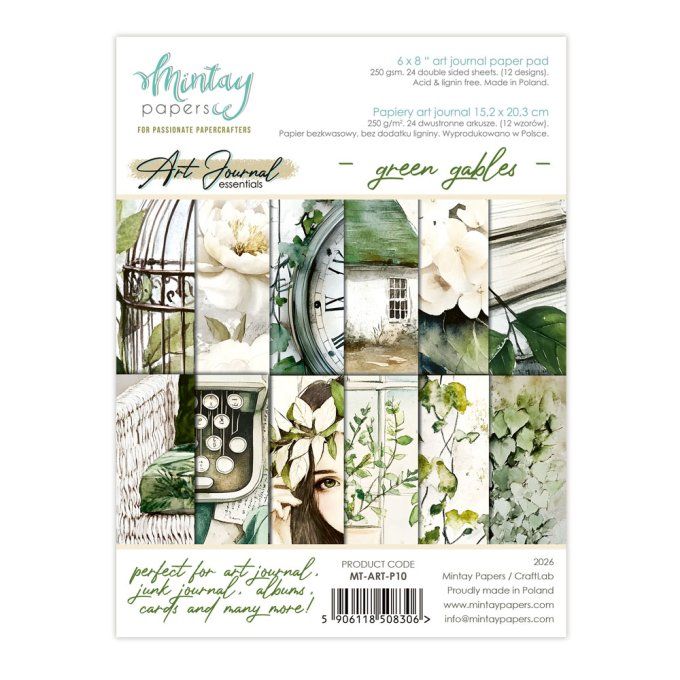Ensemble de 24 feuilles, format : 15x20cm, Art journal, green gables, motif recto verso, 240g 