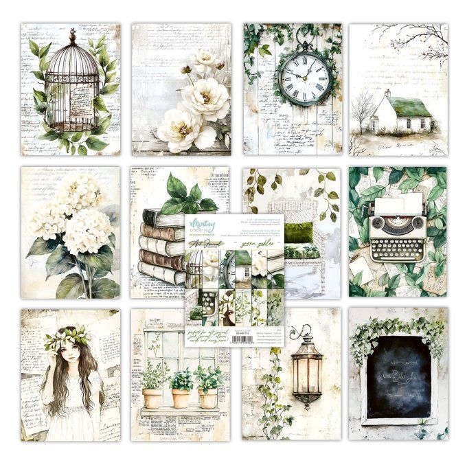 Ensemble de 24 feuilles, format : 15x20cm, Art journal, green gables, motif recto verso, 240g 