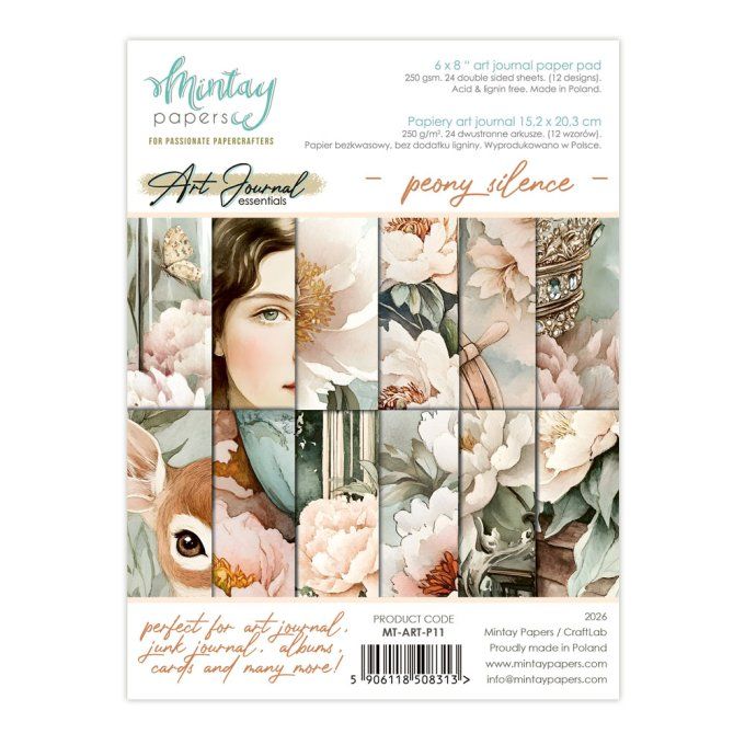 Ensemble de 24 feuilles, format : 15x20cm, Art journal, Peony silence, motif recto verso, 240g