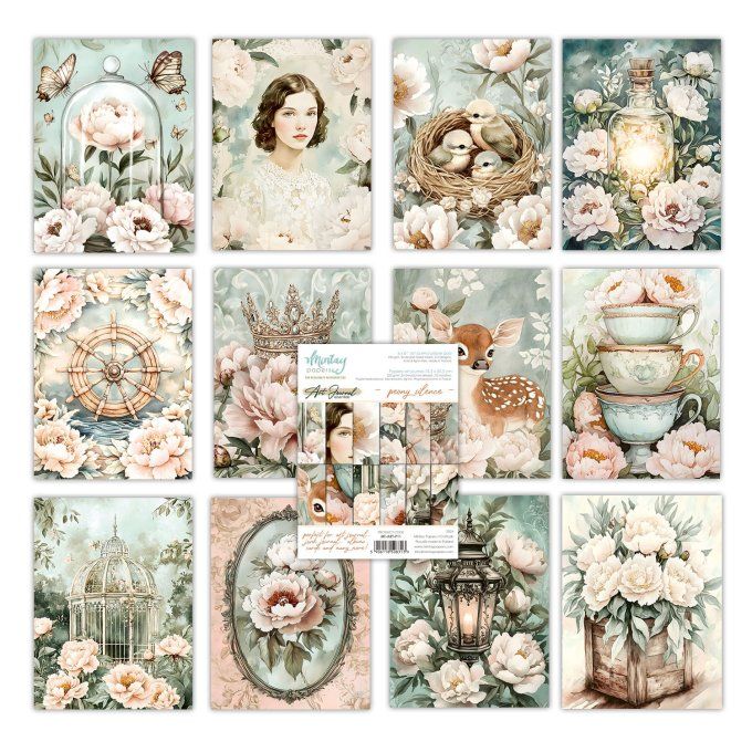 Ensemble de 24 feuilles, format : 15x20cm, Art journal, Peony silence, motif recto verso, 240g