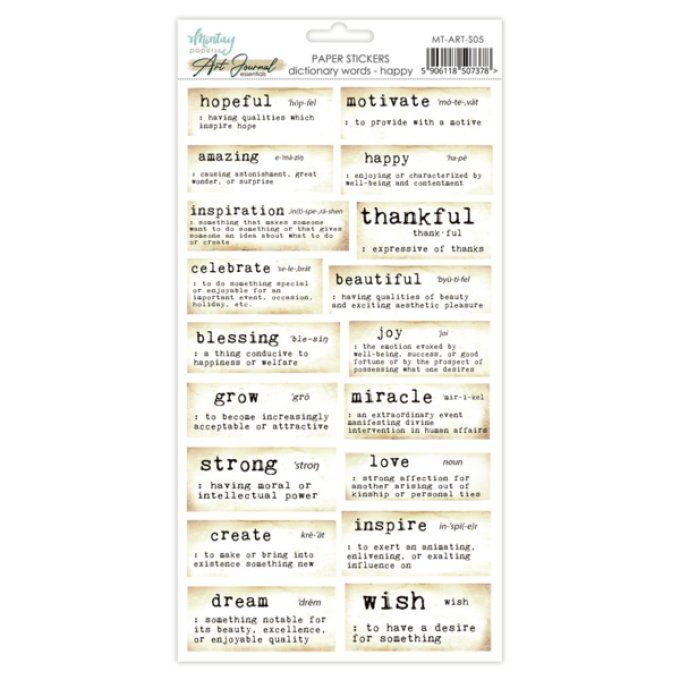 1 planche de stickers, format : 15x30cm, Art journal - Dictionary words (en anglais) - happy