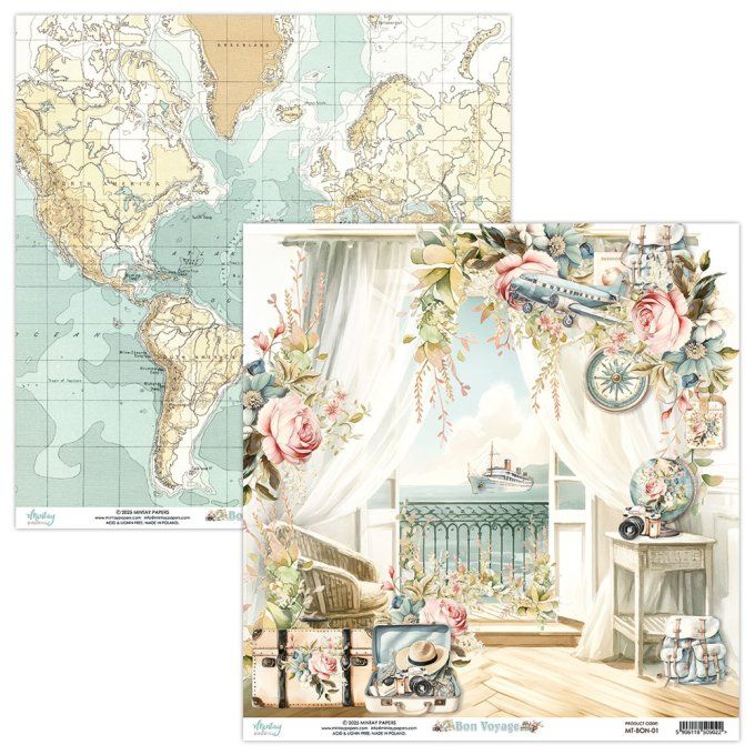 Ensemble de 12 feuilles, format 30.5x30.5cm, Collection Bon voyage, motif recto verso, 250g