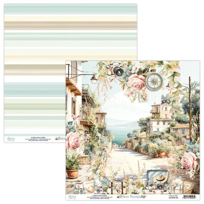 Ensemble de 12 feuilles, format 30.5x30.5cm, Collection Bon voyage, motif recto verso, 250g