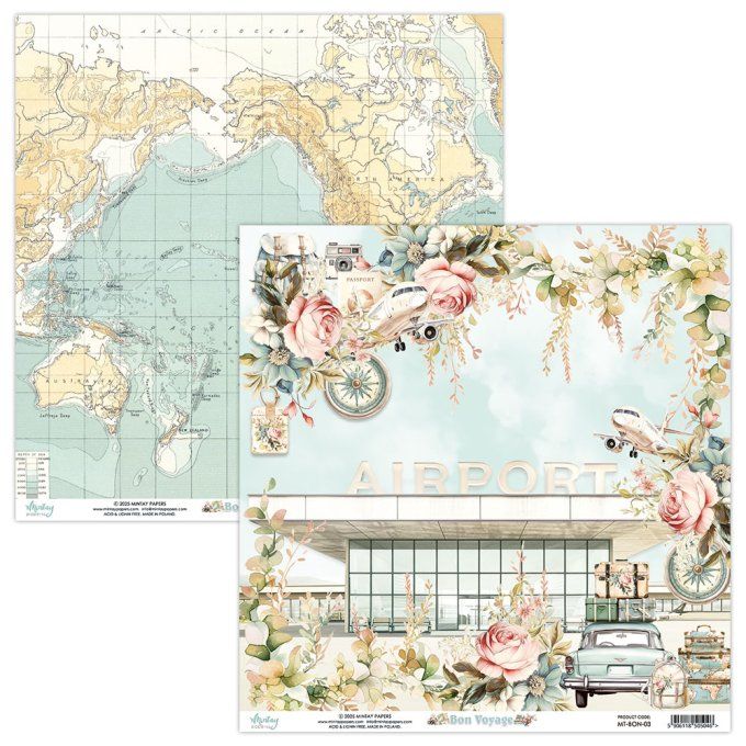 Ensemble de 12 feuilles, format 30.5x30.5cm, Collection Bon voyage, motif recto verso, 250g
