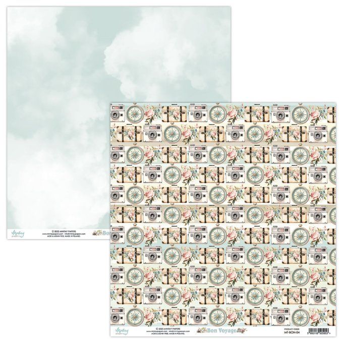 Ensemble de 12 feuilles, format 30.5x30.5cm, Collection Bon voyage, motif recto verso, 250g