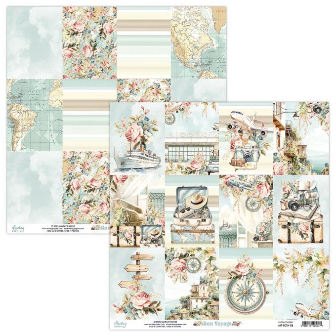 Ensemble de 12 feuilles, format 30.5x30.5cm, Collection Bon voyage, motif recto verso, 250g