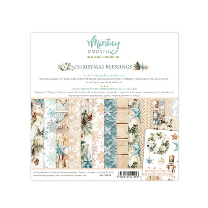 Ensemble de 24 feuilles, format : 15x15cm, Collection Christmas blessings, motif recto verso, 250g