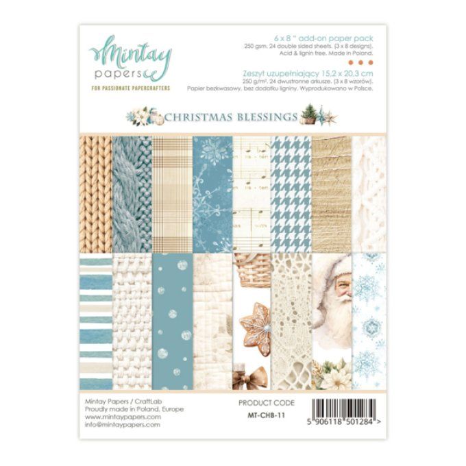 Ensemble de 24 feuilles, format : 15x20cm, Collection Christmas blessings, motif recto verso, 250g