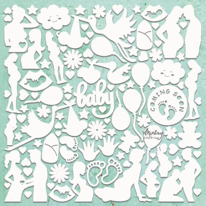 Chipboards, Mintay chippies - Baby shower - planche de 30x30cm