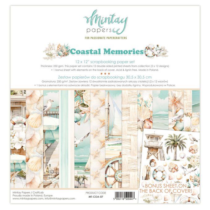 Ensemble de 24 feuilles, format : 15x15cm, Collection Coastal memories, motif recto verso, 250g 