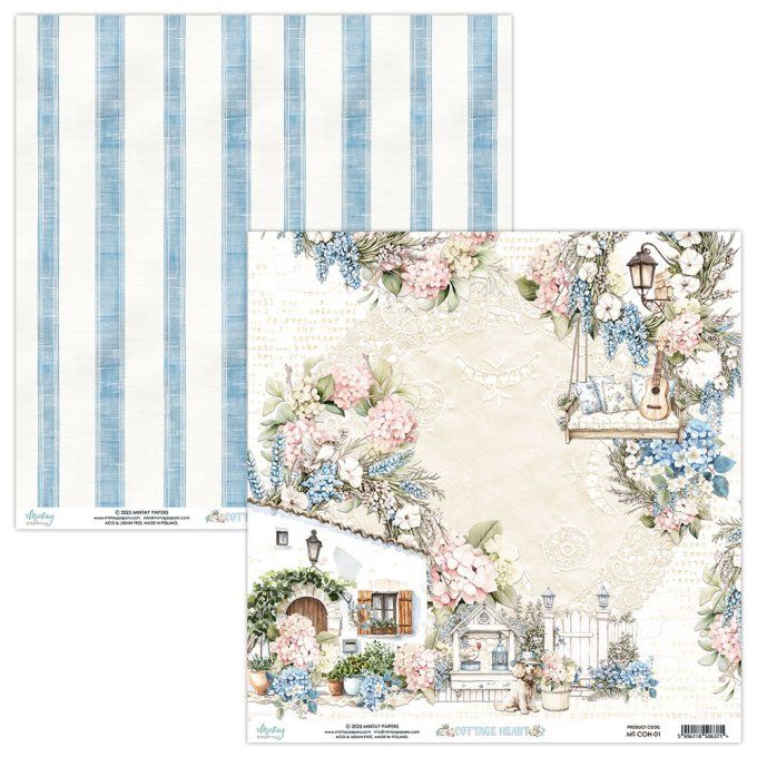 Ensemble de 12 feuilles, format 30.5x30.5cm, Collection Cottage heart, motif recto verso, 250g
