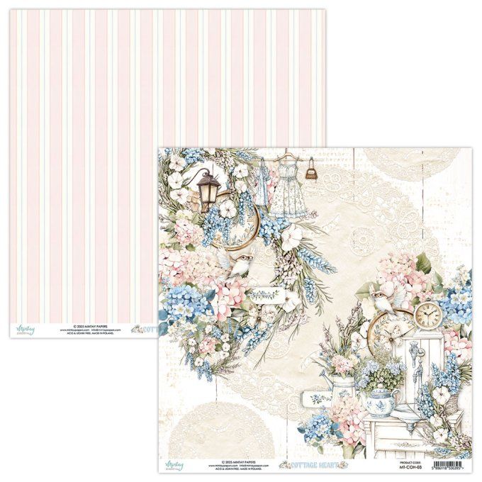 Ensemble de 12 feuilles, format 30.5x30.5cm, Collection Cottage heart, motif recto verso, 250g