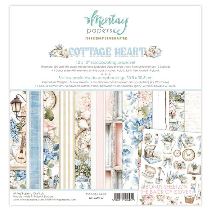 Ensemble de 12 feuilles, format 30.5x30.5cm, Collection Cottage heart, motif recto verso, 250g
