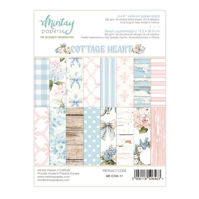 Ensemble de 24 feuilles, format : 15x20cm, Collection Cottage Heart, motif recto verso, 250g
