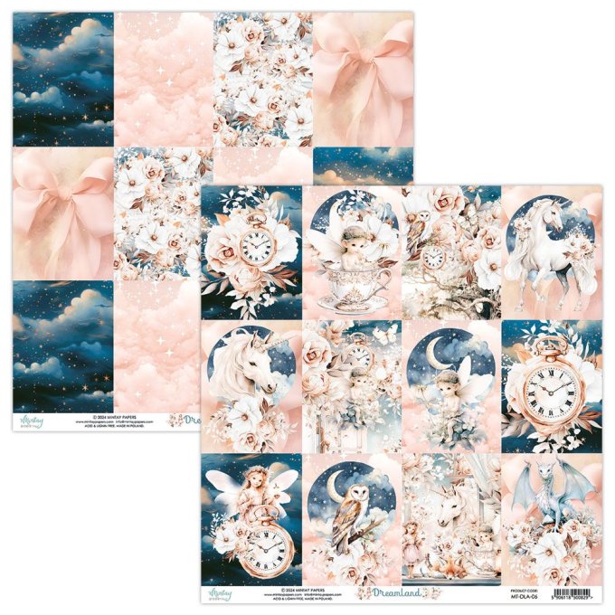 Ensemble de 24 feuilles, format : 15x15cm, Collection Dreamland, motif recto verso, 250g