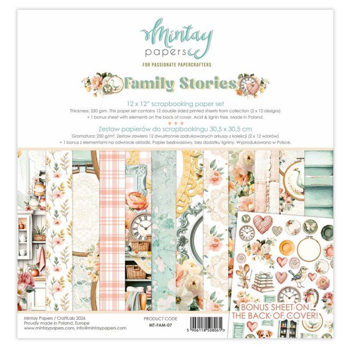 Ensemble de 12 feuilles, format 30.5x30.5cm, Collection Family stories, motif recto verso, 250g
